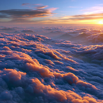 Sunrise view above the dense cloud layer from high altitude with golden hour