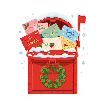 Red Mailbox Filled With Colorful Letters To Santa And Wreath
