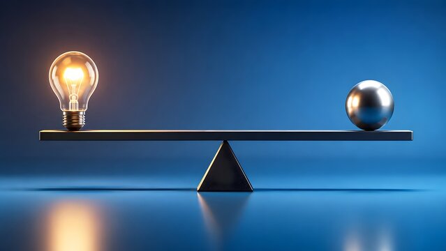 Glowing lightbulb and metal sphere balancing on a seesaw representing the value of creative ideas and strategic stability