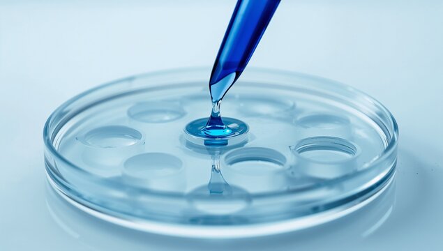 Blue liquid dripping from a pipette into a multi-well plate