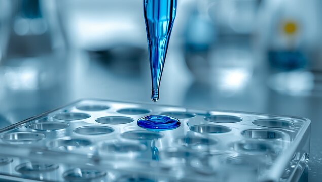 Blue liquid droplet falling from pipette into microplate well