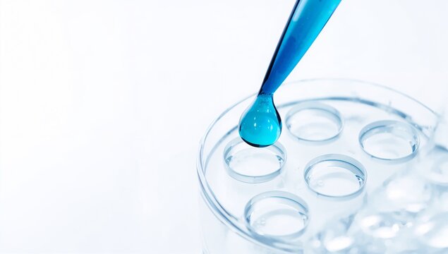 Cyan droplet hanging over a round well plate with copy space