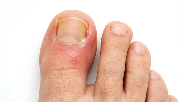 Close-up of toes with inflamed nail folds and discoloration