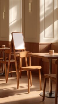 A cozy caf&eacute; interior with wooden furniture, warm lighting, and a blank menu board