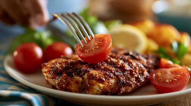 Grilled chicken breast meal served with fresh cherry tomatoes potatoes salad