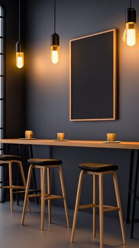 A minimalist interior scene with wooden bar stools and warm pendant lights illuminating a dark wall