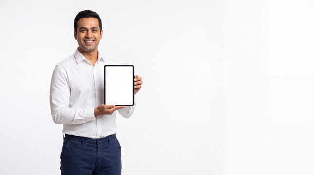 Young Man Holding Digital Tablet with Blank Screen Mockup on White Background