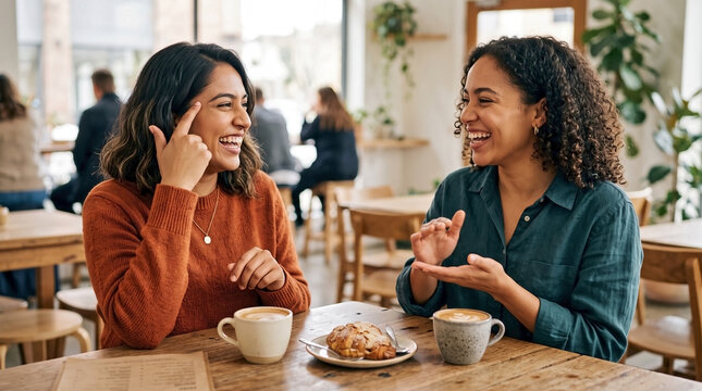 Two young women enjoy sign language cafe meeting with coffee. Diverse friends use sign language cafe environment for happy talk. Concept sign language cafe for inclusion and diversity campaigns.
