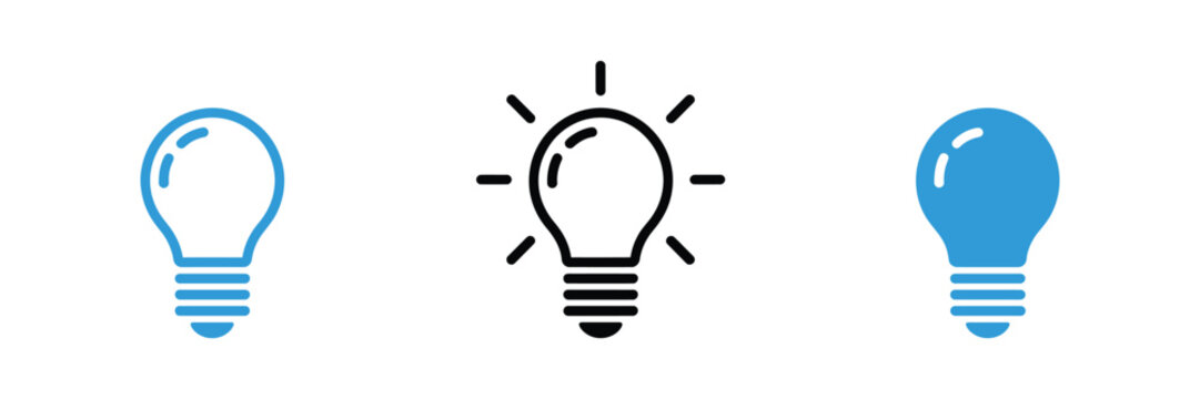 Light bulb icon set, editable stroke outline and solid symbols representing ideas, creativity, innovation, energy, business concepts, inspiration, and modern vector design.  