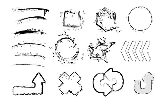 Different shapes and lines drawn in black on a white background for design use