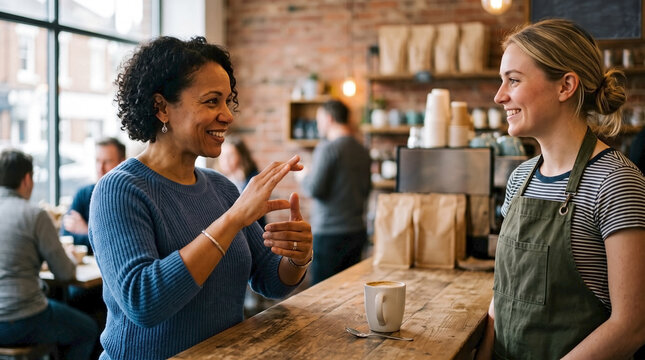 Deaf black woman navigating cafe ordering process with sign language at wooden counter. Barista listens during cafe ordering process to serve hot beverage.