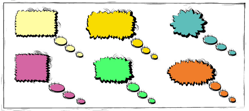 Colorful speech bubbles in a comic style design with various shapes and sizes on a white background