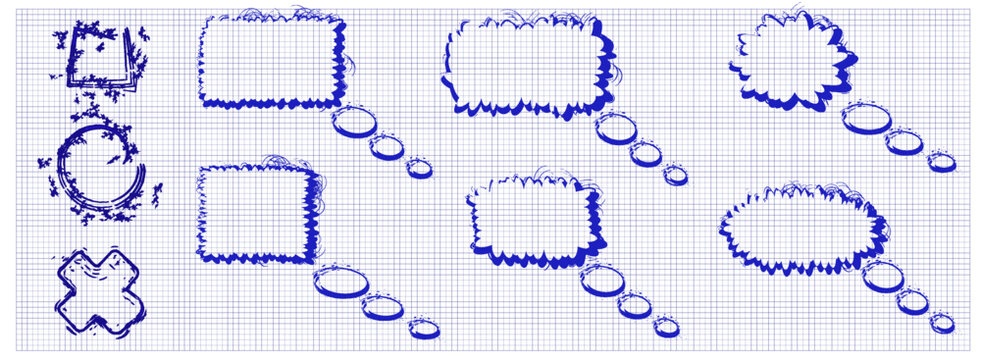 Sketches of different thought bubble shapes on graph paper