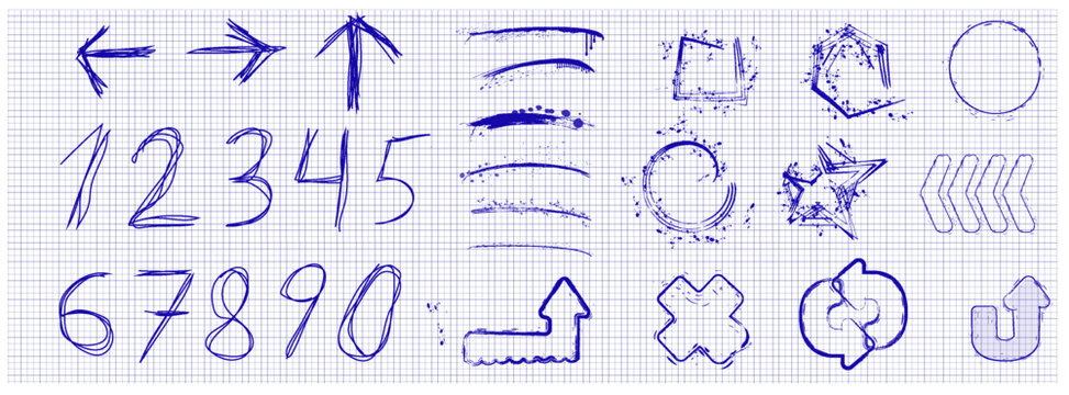 Hand-drawn symbols and numbers on graph paper with blue ink showing various shapes and arrows