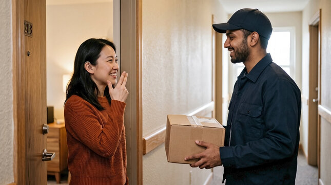 Professional courier delivery service providing small package to deaf young woman at apartment door. Woman thanks worker through courier delivery service interaction with sign language.