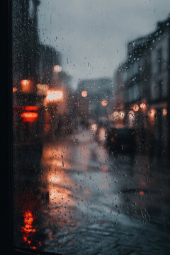 Moody Rainy Street Scene seen through Wet Window. Abstract blurry impressionistic view.