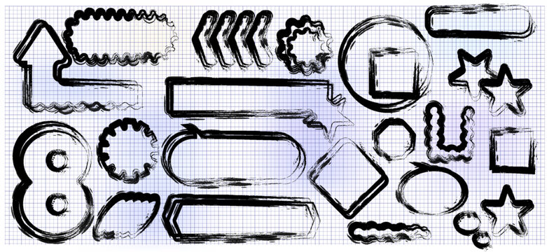 Shapes and lines in black and white drawn on a grid background for art or design purposes