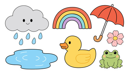 Fototapeta premium cute rainy summer icon collection, weather set illustration, rain cloud duck umbrella, summer rainy day elements