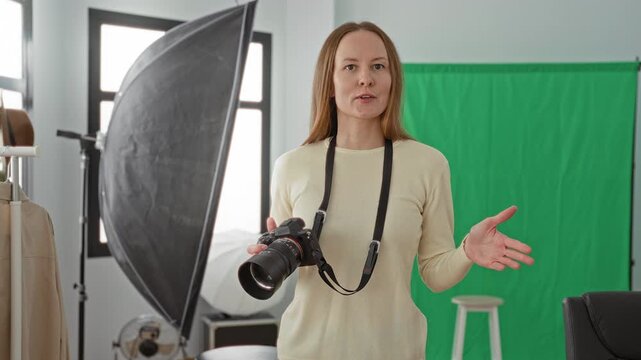 Woman holds camera, adjusts lens and gestures with hands in studio with green screen and softbox lighting; creative instruction confidence.