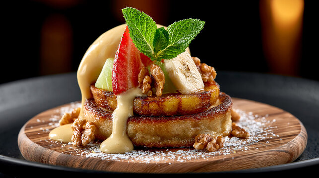 Sweet pancake stack with fresh fruit and caramel sauce on wooden board