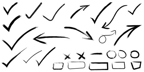 Fototapeta premium Collection of hand drawn check marks arrows and geometric shapes isolated on a white background