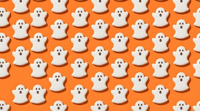 Seamless pattern of cute ghost cookies on an orange background