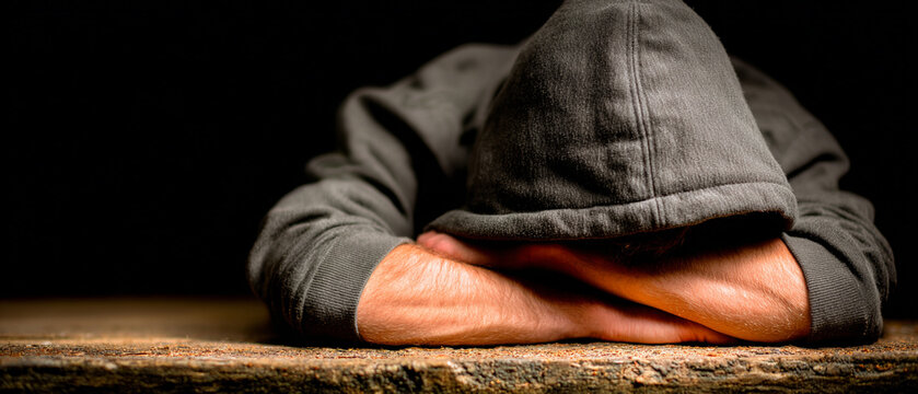 Depressed Man in Hoodie Resting Head on Wooden Table in Dark Room