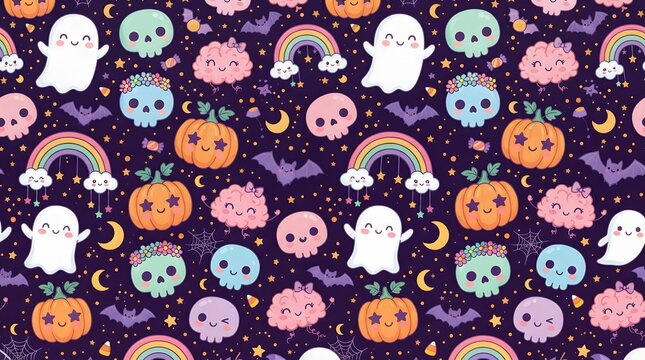 Kawaii halloween pattern with pumpkins and rainbows