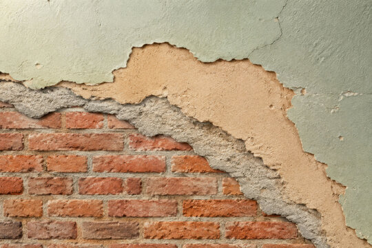 Layers of Time on an Aged Wall with Peeling Paint, Cracked Plaster and Exposed Brick