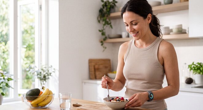 Smiling fit woman wearing fitness tracker smartband eating healthy oatmeal bowl with berries and nuts at wooden counter in bright modern kitchen interior during morning