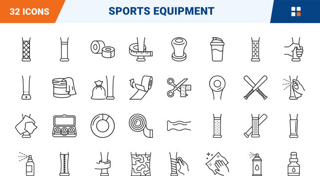 Baseball Bat Grip line icon set. Vector pictograms of equipment, accessories, maintenance, and training elements, thin linear illustration.