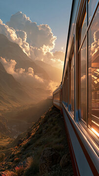 Motion blurred train crossing a spectacular mountain valley