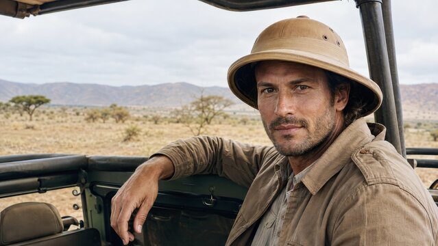 Man in pith helmet safari watching wildlife with binoculars portrait with clear morning light clear