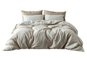 Obraz premium Unmade cream bed with layered pillows and soft duvet