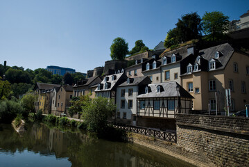 Fototapeta premium Historic riverside houses along the Alzette River in Luxembourg City