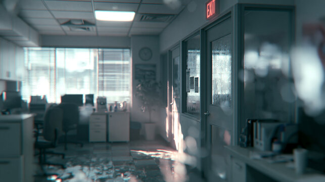 Blurred open office interior with desks and employees