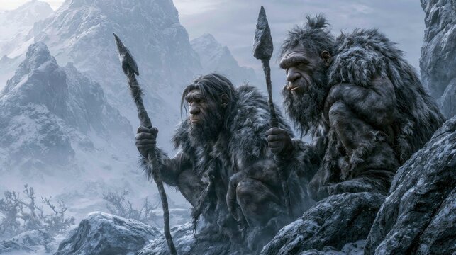 Ancient humans with spears in snowy mountain landscape