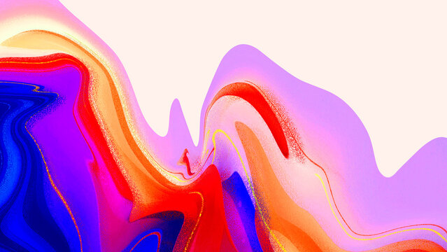 Colorful fluid paint artwork displays vibrant swirls of purple, orange, red, and blue tones.