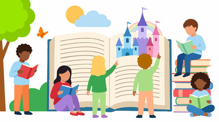 Fototapeta premium Children enjoying reading and exploring imaginative stories in a park