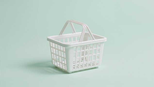 Empty white plastic shopping basket on a light green background