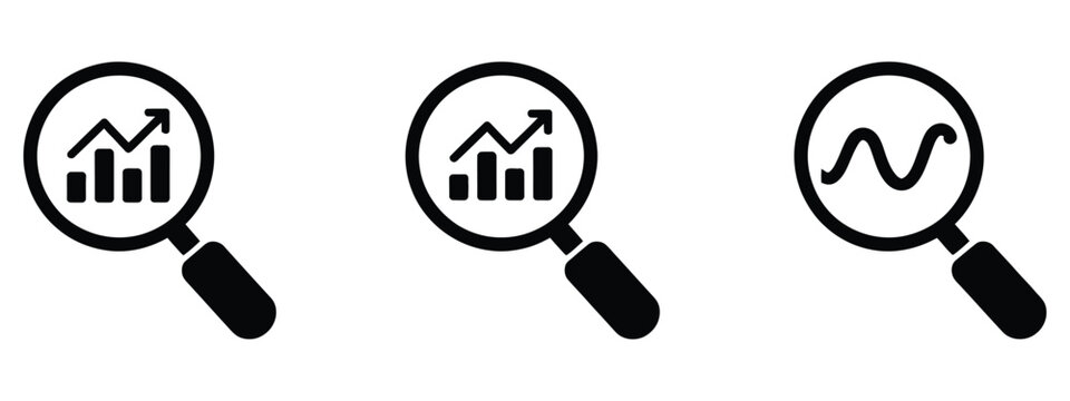 Magnifying glass icon set, search symbols with graphs and charts representing data analysis, market research, business intelligence, analytics, and financial insights.  