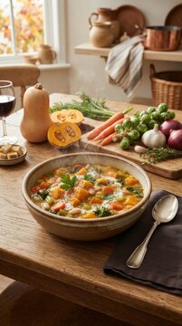 Bowl of homemade autumn vegetable soup with root vegetables, healthy seasonal meal, comforting home cooking and family dinner.
