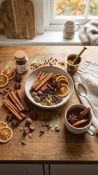 Pumpkin spice tea with cinnamon and autumn ingredients on a rustic table, seasonal hot drink, cozy home ritual and fall flavors.