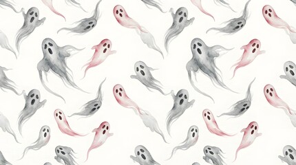 Fototapeta premium Seamless pattern of watercolor ghosts isolated on white background