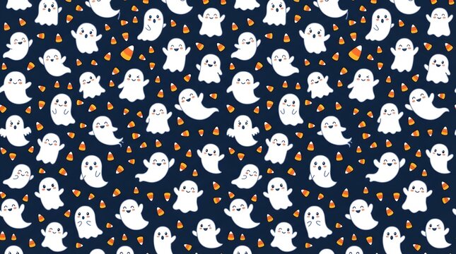 Seamless pattern with cute ghosts and candy corn on dark blue