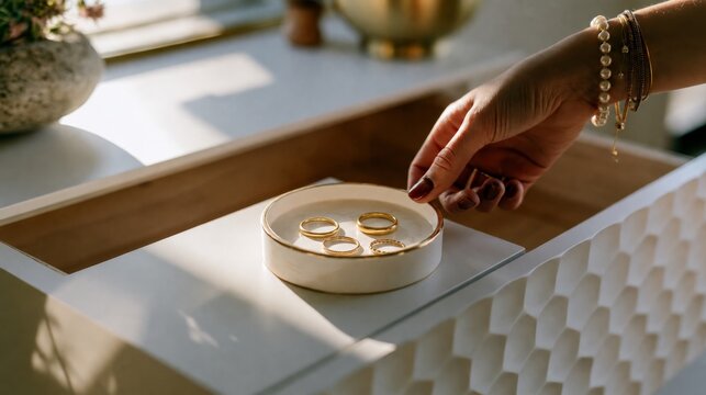 Hands placing rings into a jewelry box beside a window