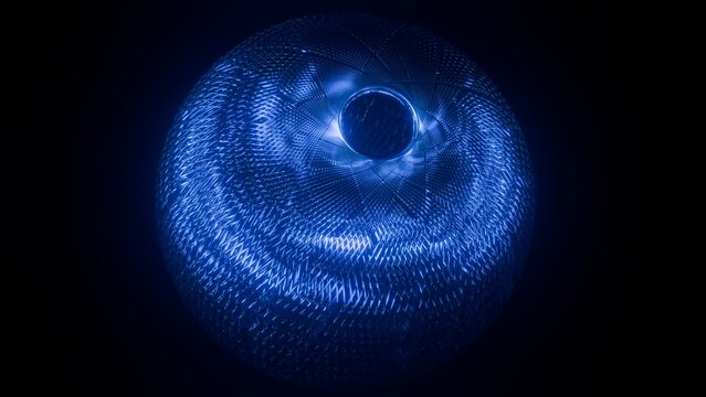 Abstract glowing blue glass sphere object with neon mesh texture on dark background, Futuristic 3D render