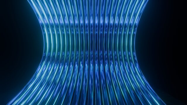 Abstract curved blue neon glass tunnel background with glowing vertical lines and light reflections, Futuristic 3D render