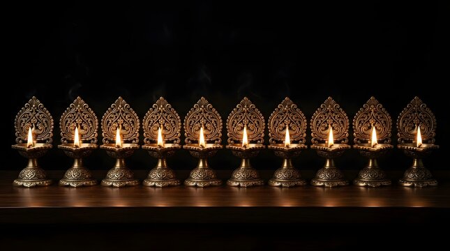 Row of ten ornate brass oil lamps with peacock motifs and glowing flames on a wooden surface