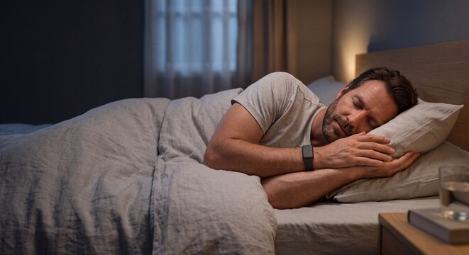 Adult man sleeping peacefully in cozy bed under grey blanket wearing smartband fitness tracker for sleep tracking analysis in dimly lit modern bedroom interior night